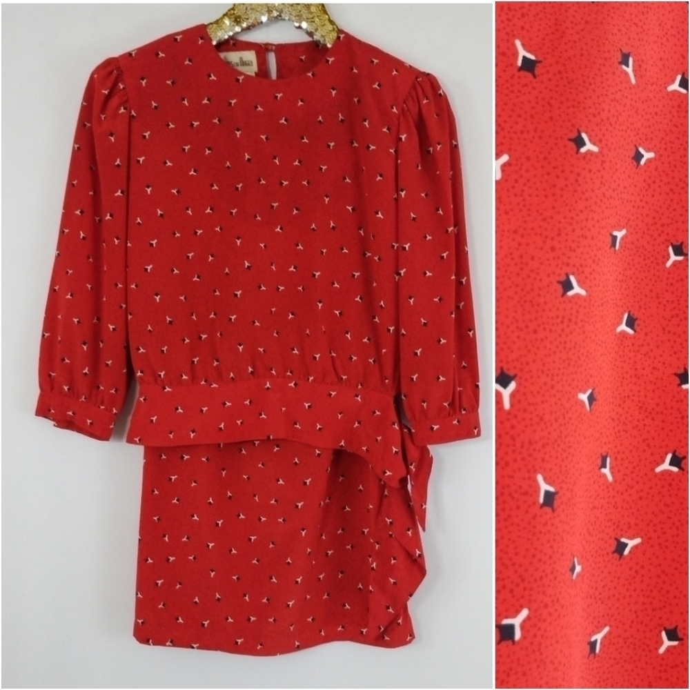Vintage 80s Petites Women's Red Abstract Floral Skirt Set size 8 XS Retro